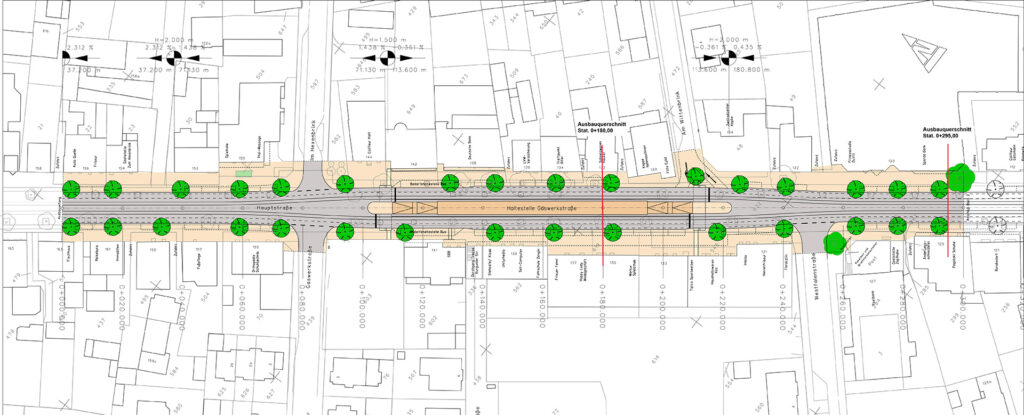 Lageplan: Straßenabschnitte und Bepflanzung Hauptstraße nach Umbaumaßnahmen 4