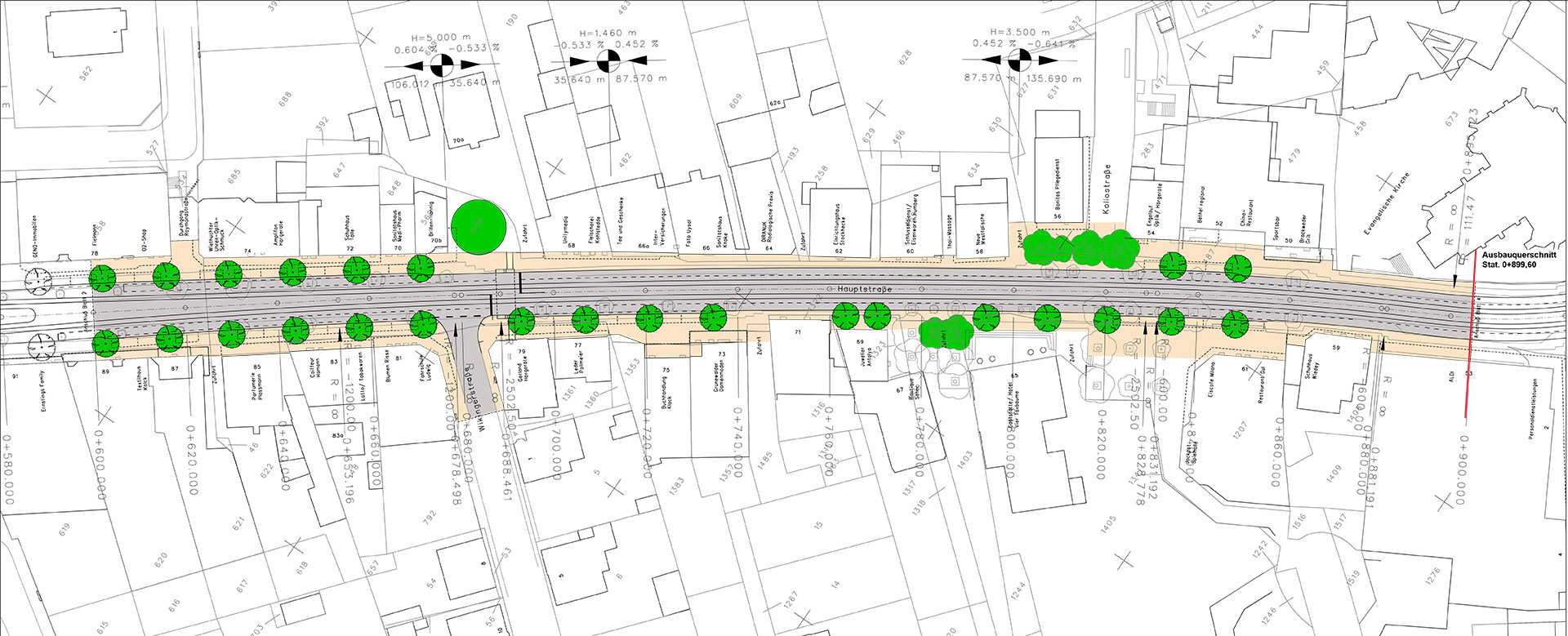 Lageplan: Straßenabschnitte und Bepflanzung Hauptstraße nach Umbaumaßnahmen 2