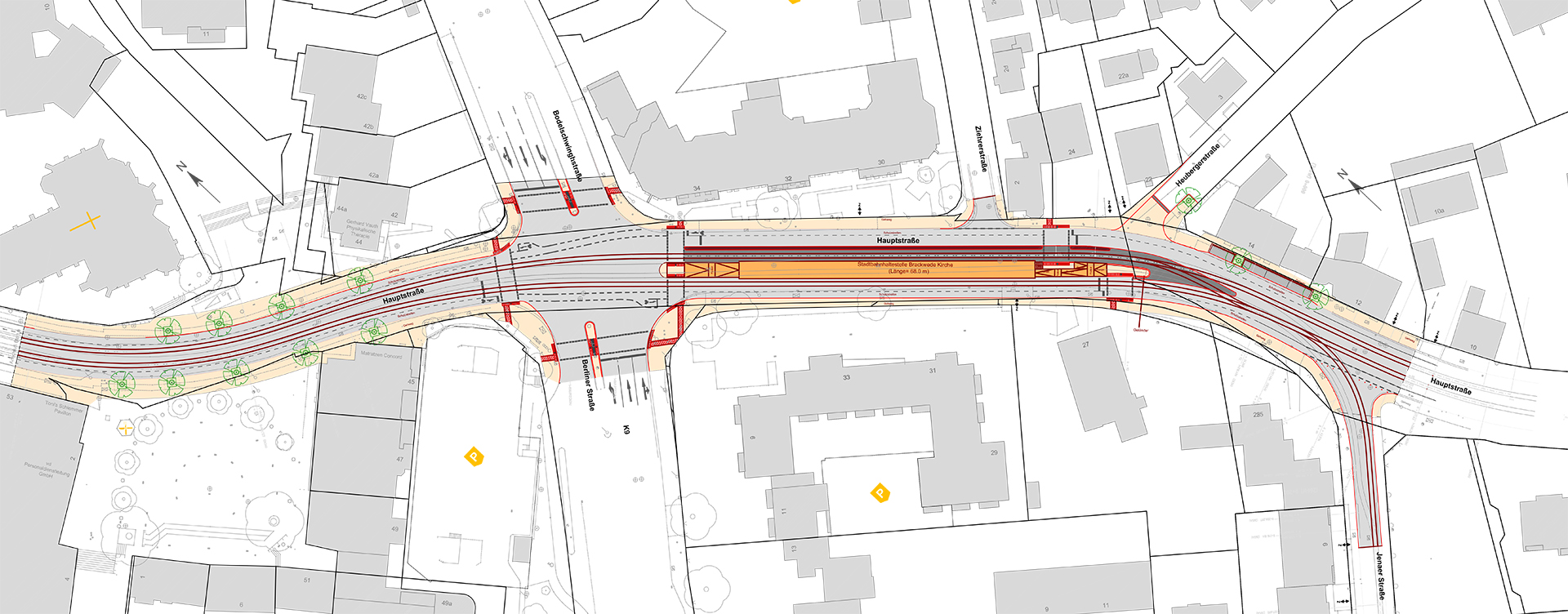 Lageplan: Entwurf: Straßenaufteilung Hauptstraße